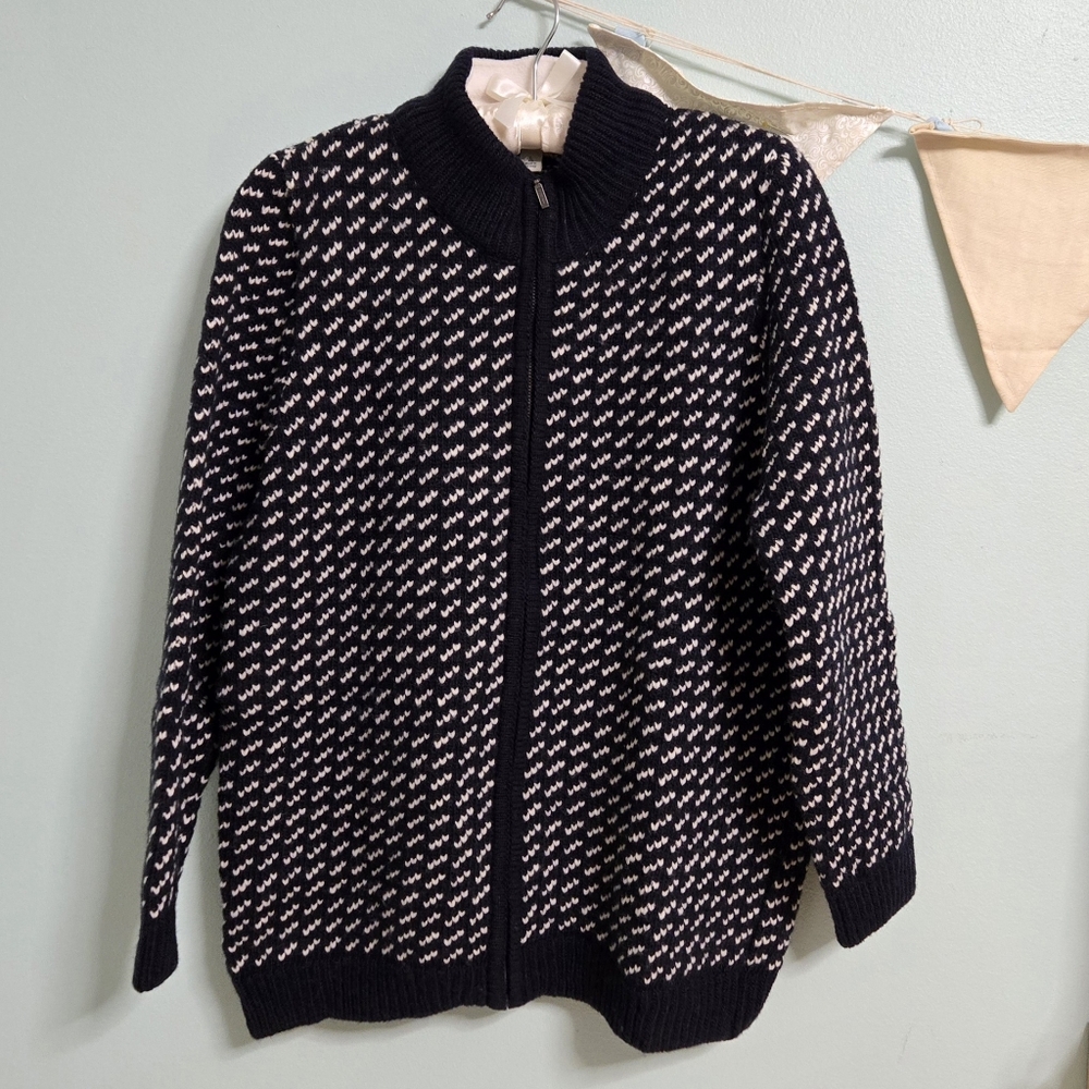 LL Bean Full Zip Cardigan Sweater 100% Wool Apres Ski Norway Fisherman L